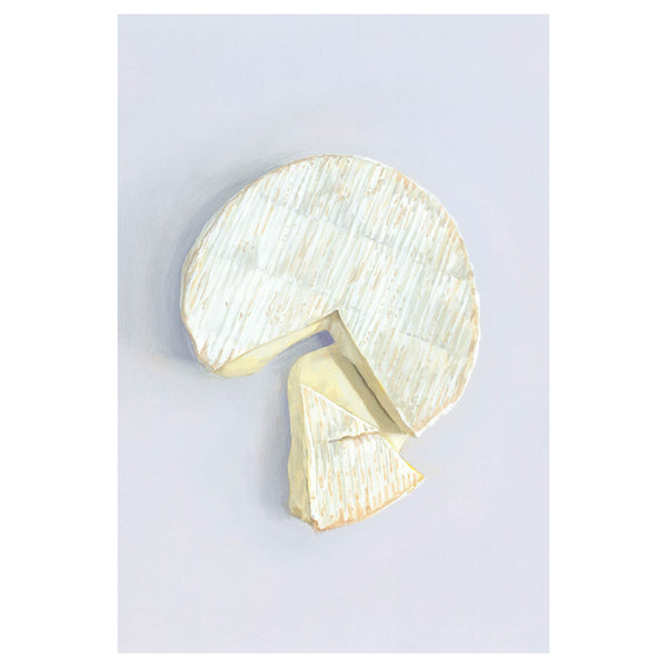 A wedge of brie cheese with a pale, textured rind and creamy yellow interior, shown on a light lavender-gray background.