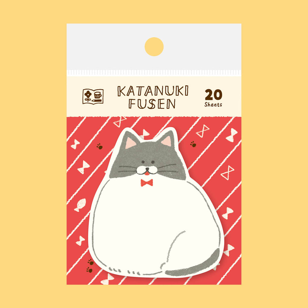 A package of 20 sheets of Katanuki Fusen sticky note featuring a cute, round white and grey cat illustration with a small red bow tie on a red patterned background.
