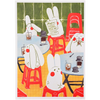A stylised art print featuring cartoon rabbits sitting at tables with drinks and red stools, set against a green tiled wall. The print has a white border.
