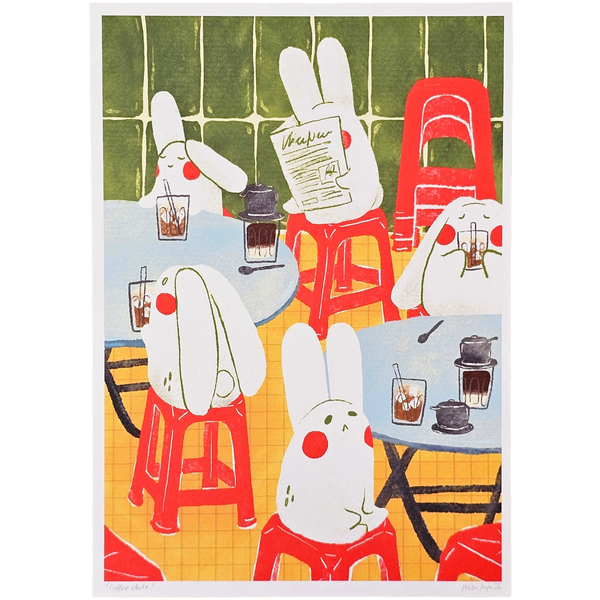 A stylised art print featuring cartoon rabbits sitting at tables with drinks and red stools, set against a green tiled wall. The print has a white border.