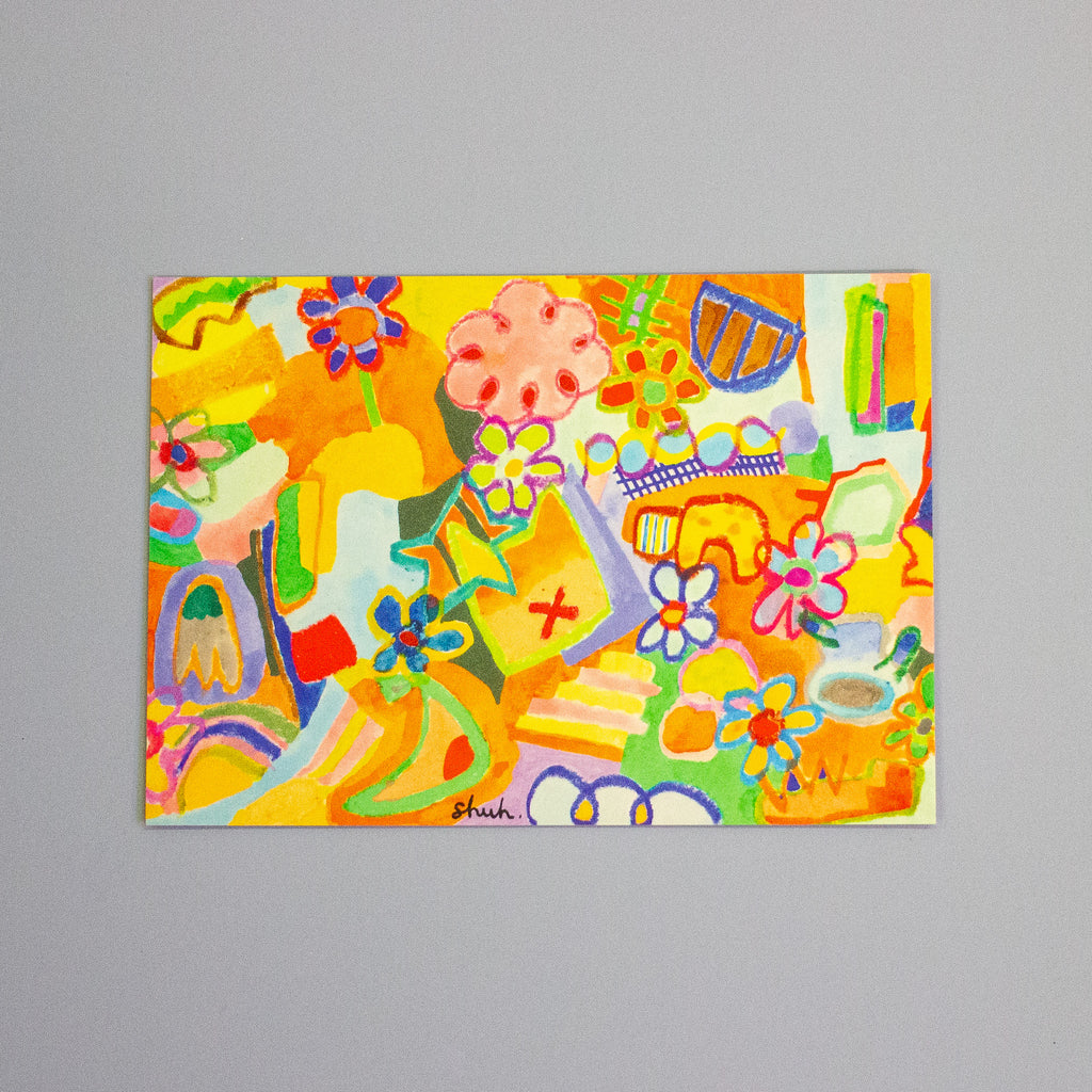 A colourful abstract painting with floral and geometric motifs, displayed on a neutral grey backdrop.