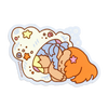 A sticker of a girl cartoon sleeping inside a shell. 