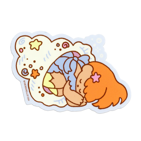 A sticker of a girl cartoon sleeping inside a shell. 