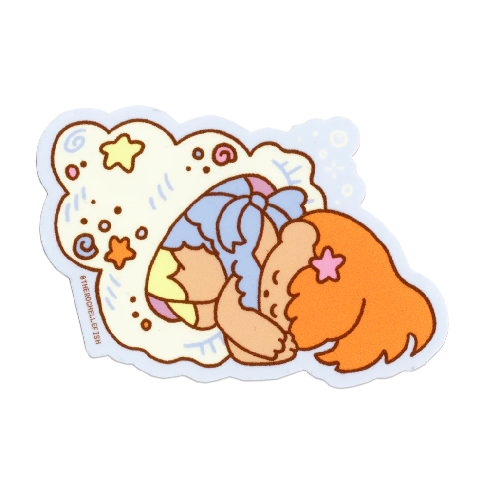 A sticker of a girl cartoon sleeping inside a shell. 