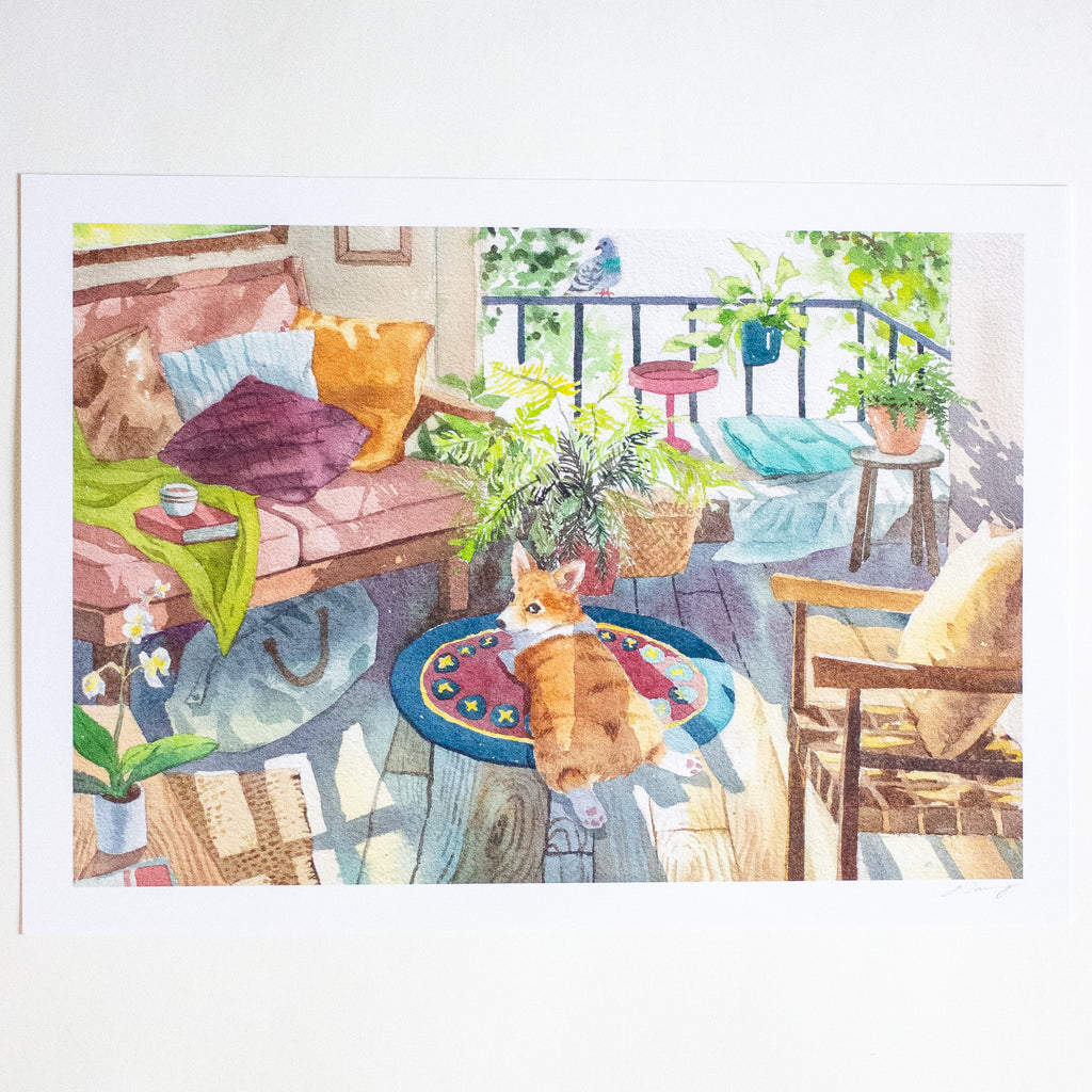 Illustration of a cozy living room with a dog on a rug, plants, and furniture.