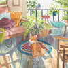 Illustration of a dog sitting on a colourful rug in a cozy room with plants and furniture.