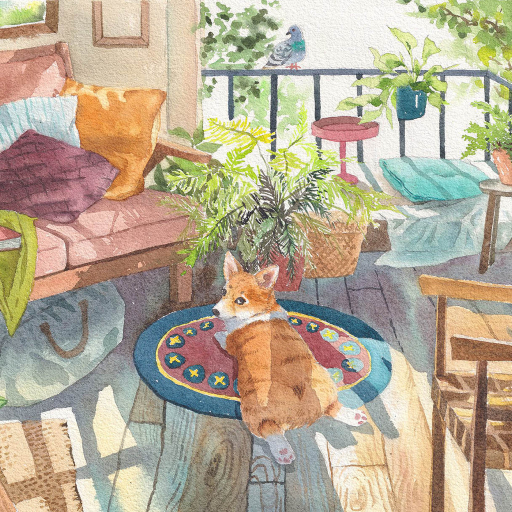 Illustration of a dog sitting on a colourful rug in a cozy room with plants and furniture.