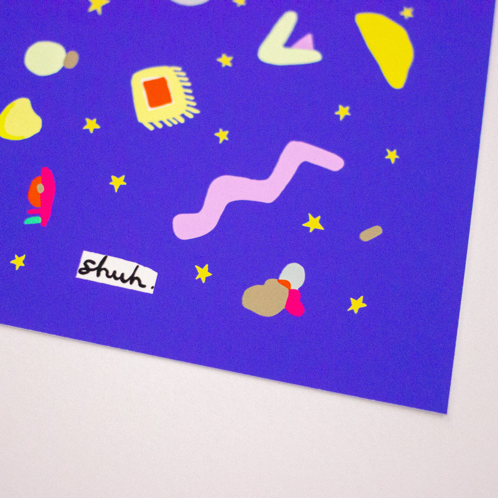Colourful abstract shapes on a purple background with 'shuh' logo.