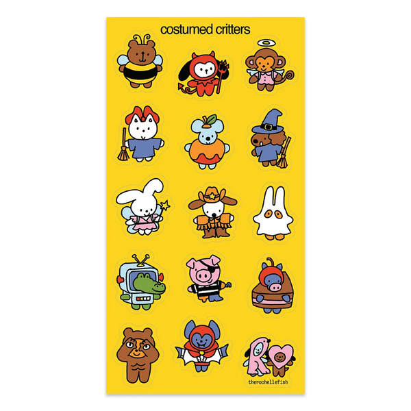 A sheet of cartoon costume critter stickers on a bright yellow background, featuring multiple small illustrated characters dressed as bees, dogs, angels, cats, pumpkins, bears, rabbits, ghosts, crocodiles, pigs, and other seasonal figures. The text 'costumed critters' appears at the top.