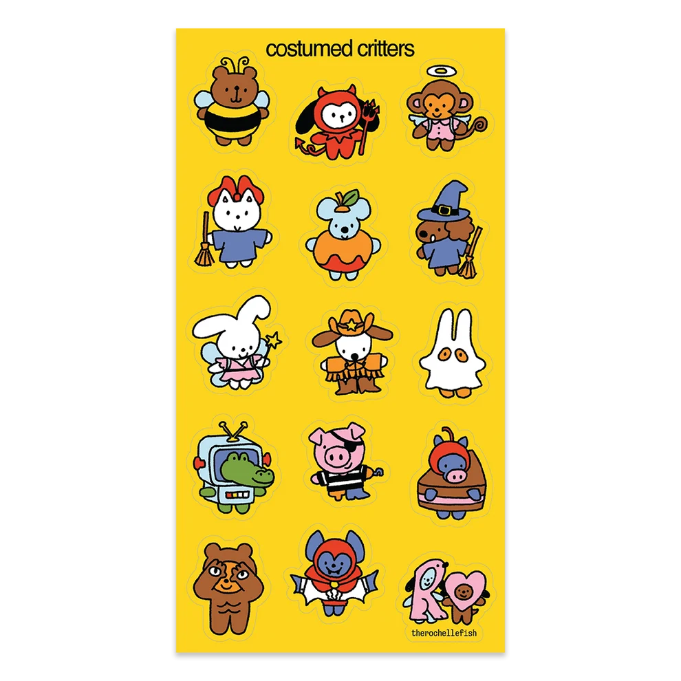 A sheet of cartoon costume critter stickers on a bright yellow background, featuring multiple small illustrated characters dressed as bees, dogs, angels, cats, pumpkins, bears, rabbits, ghosts, crocodiles, pigs, and other seasonal figures. The text 'costumed critters' appears at the top.
