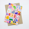 Front view of the creatures card print. Multiple different monsters and creatures on a pink background. 