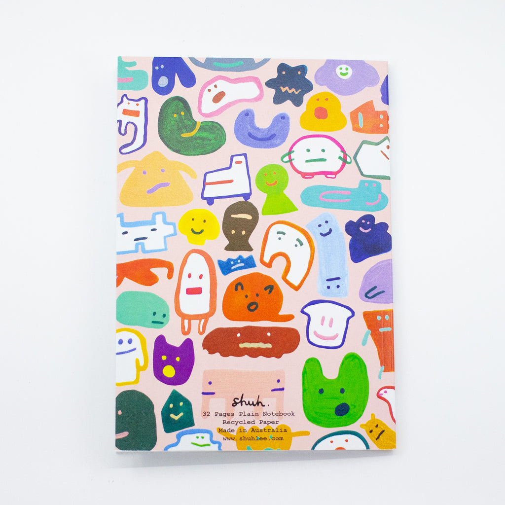 Back cover of the creatres a5 notebook. Pink background with varied characters and monsters from shuh.'s imagation. 