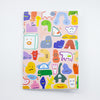 Front cover of the creatres a5 notebook. Pink background with varied characters and monsters from shuh.'s imagation. 