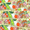 Colourful repeated bumper sticker of the same pattern with vegetables, worms, and text on a yellow background.