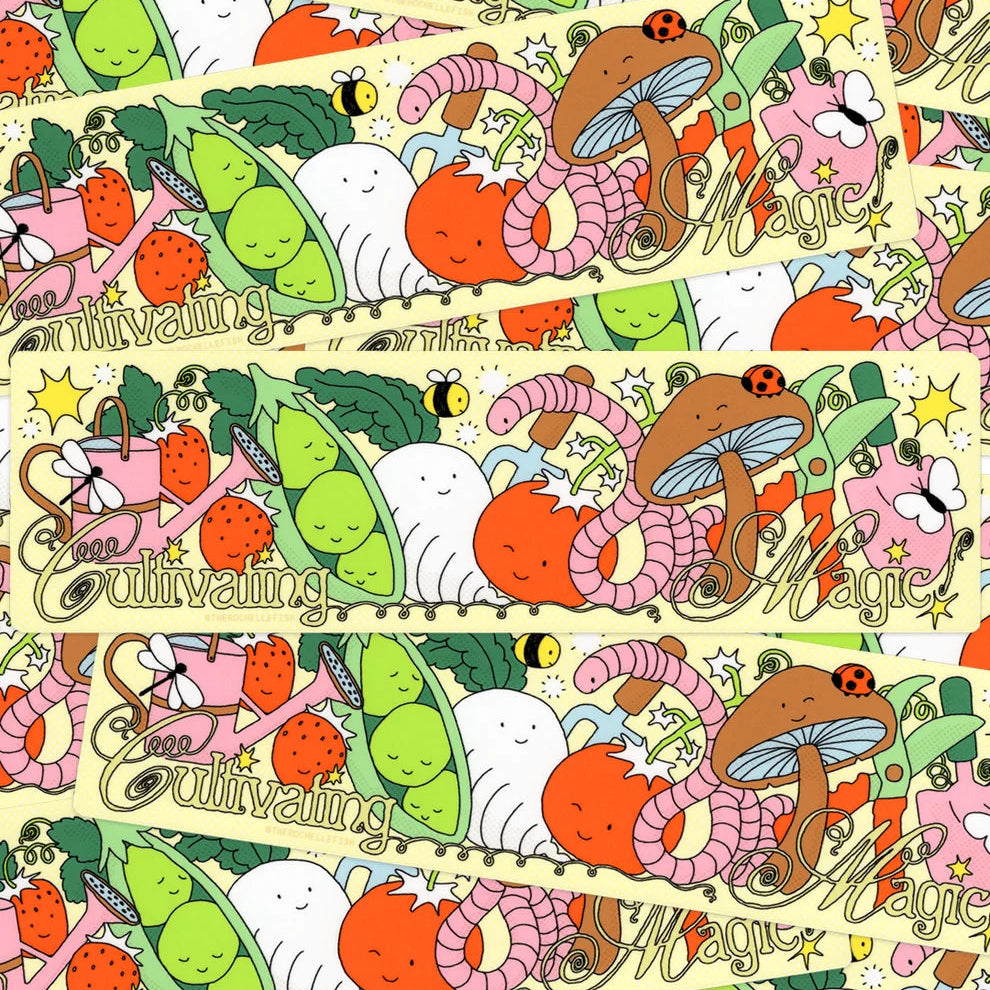 Colourful repeated bumper sticker of the same pattern with vegetables, worms, and text on a yellow background.