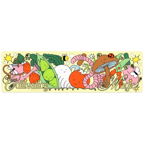 A long, narrow decorative bumper sticker featuring a whimsical cartoon illustration with the words 'Good Cultivating Magic.' The design includes a pink watering can, green peas, a white radish, a mushroom, a pink worm, a ladybug, stars, and other small illustrated characters on a pale yellow background.