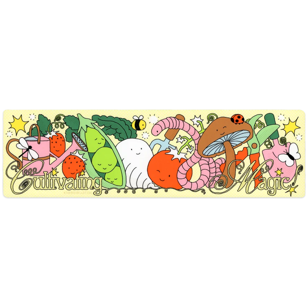 A long, narrow decorative bumper sticker featuring a whimsical cartoon illustration with the words 'Good Cultivating Magic.' The design includes a pink watering can, green peas, a white radish, a mushroom, a pink worm, a ladybug, stars, and other small illustrated characters on a pale yellow background.