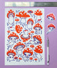 Sheet of mushroom illustrations with a pen and ruler on a purple background