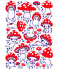 Illustration of red and white mushrooms with cute faces on a white background