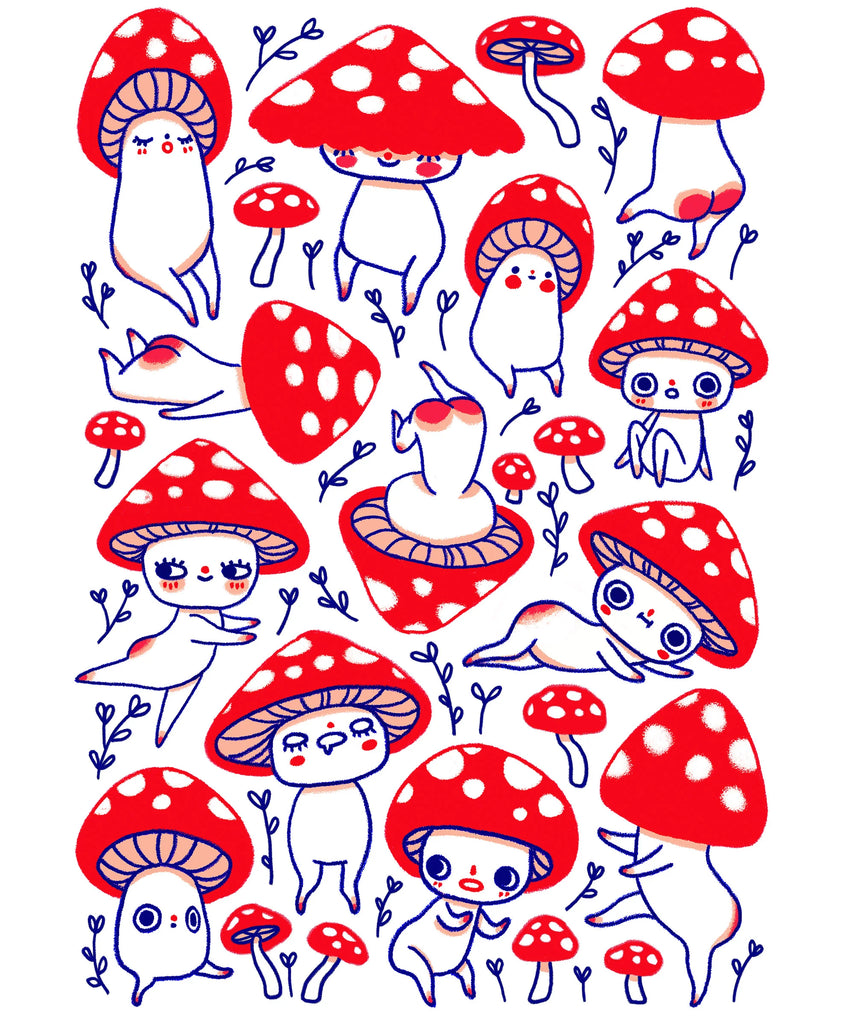 Illustration of red and white mushrooms with cute faces on a white background