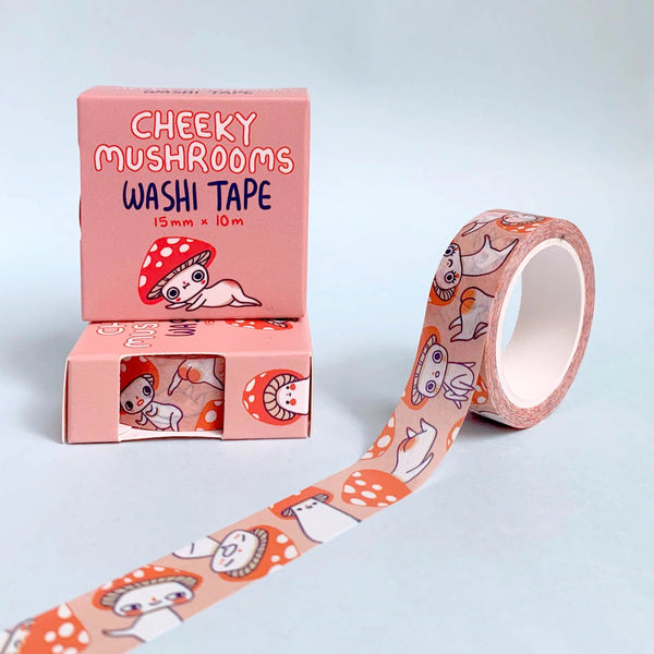 Washi tape with mushroom design and packaging on a light grey background