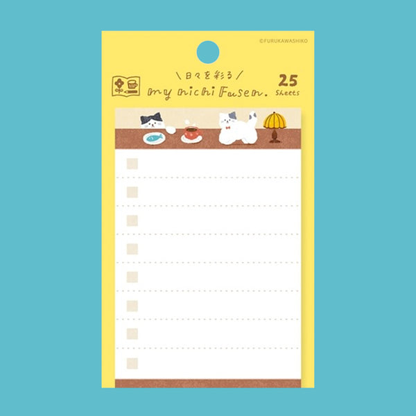 A sheet of 25 planner stickers featuring cute illustrated cats and small food items on a yellow card, shown against a solid blue background.