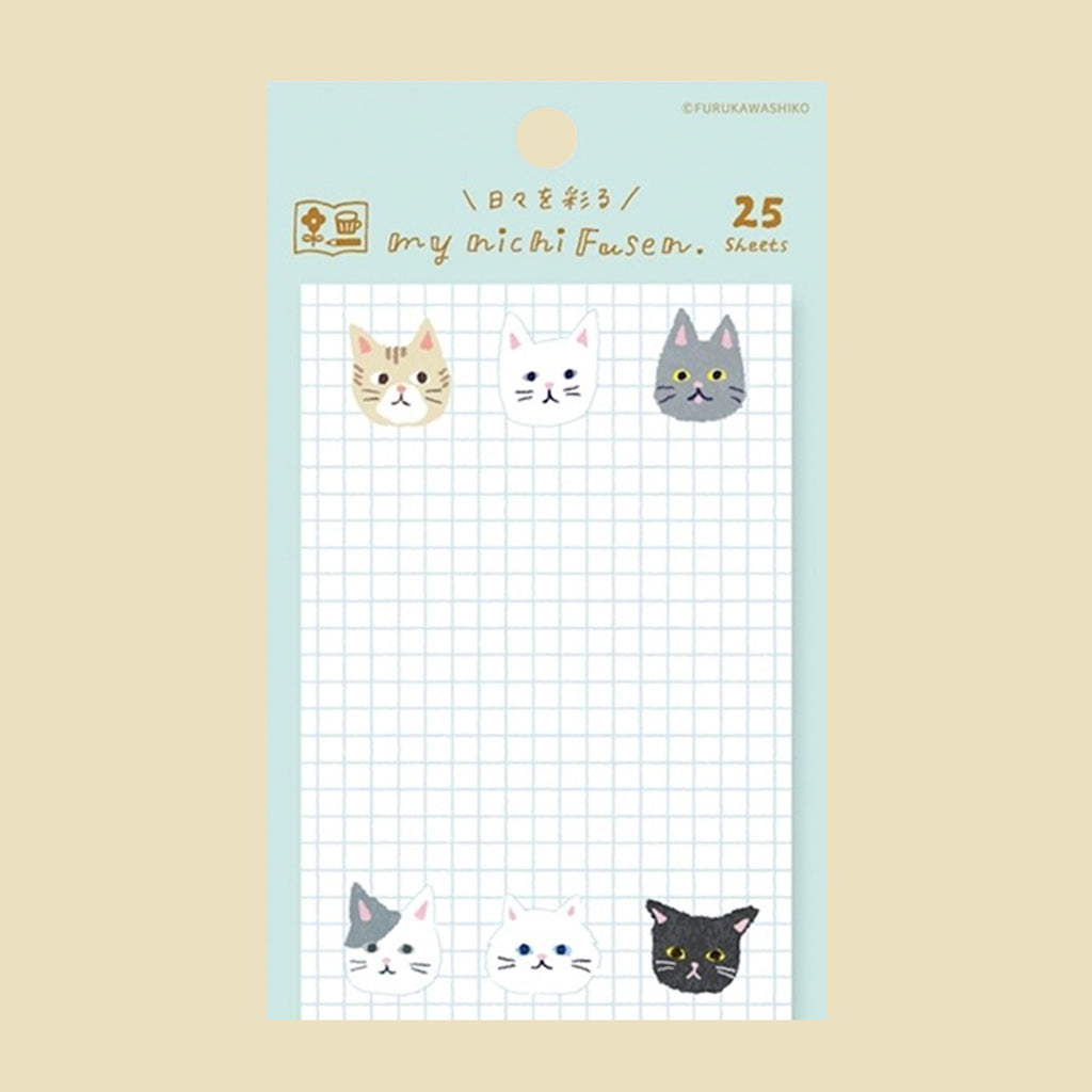 A package of 25 sheets of grid paper sticky notes with cute cat face stickers, shown on a light beige background.