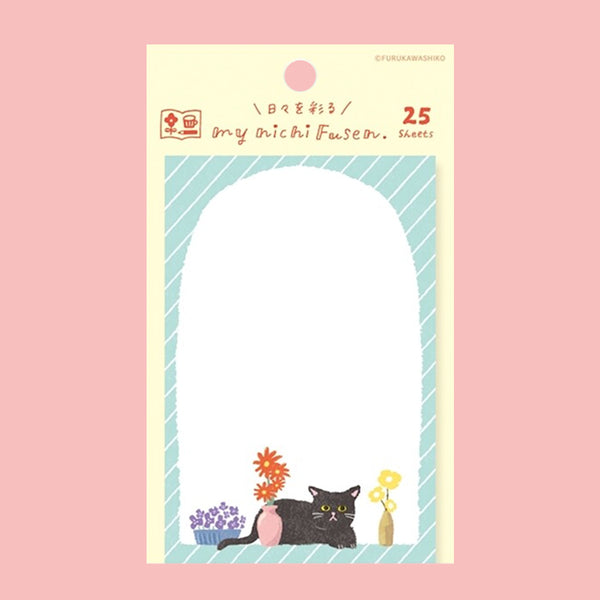 A package of 25 decorative sticky notes, featuring a cute illustration of a black cat with flowers on a pastel pink and light blue striped background.