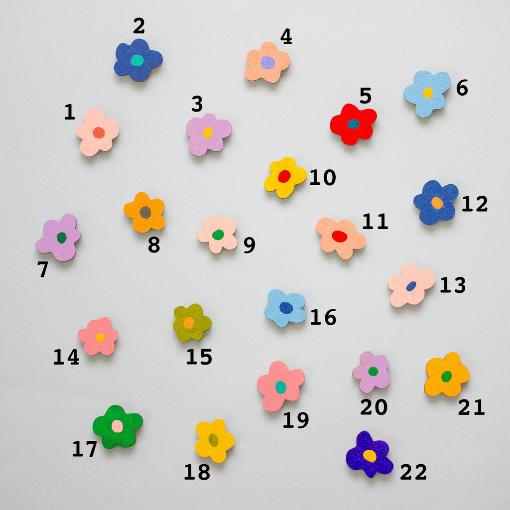Colourful flower-shaped objects with numbers on a light grey background