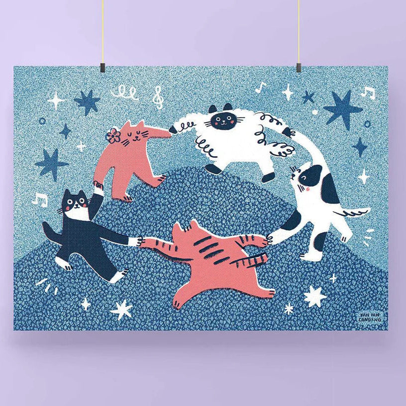 Riso print with illustrations cats on a blue background