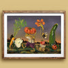 A framed art print featuring a whimsical surrealist illustration of vegetables and insects under a starry night sky, displayed on a warm beige wall.