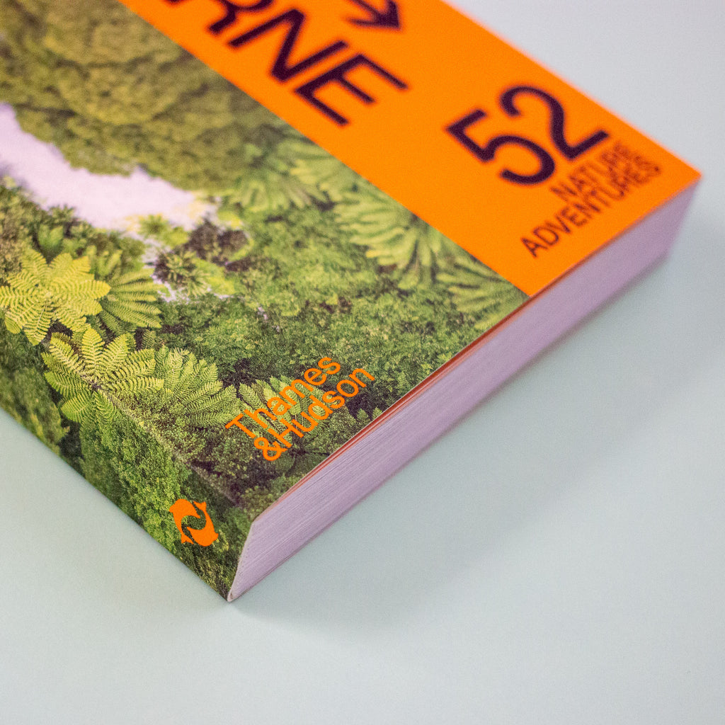 Book titled '52 Nature Adventures' with a green forest cover and orange title on a light mint background