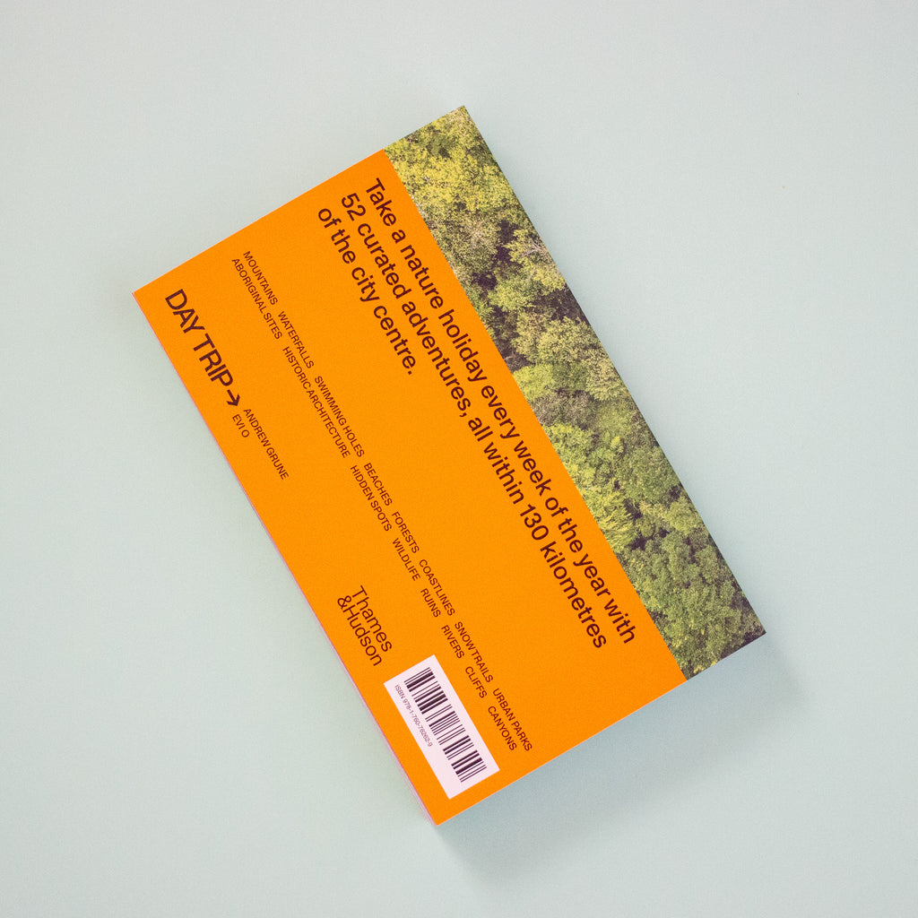 Book with orange cover and green textured design on a light mint background