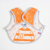 A baby bib with a bright orange and white striped pattern, featuring a cartoon dog character wearing a  sweater and a grey and white striped border.