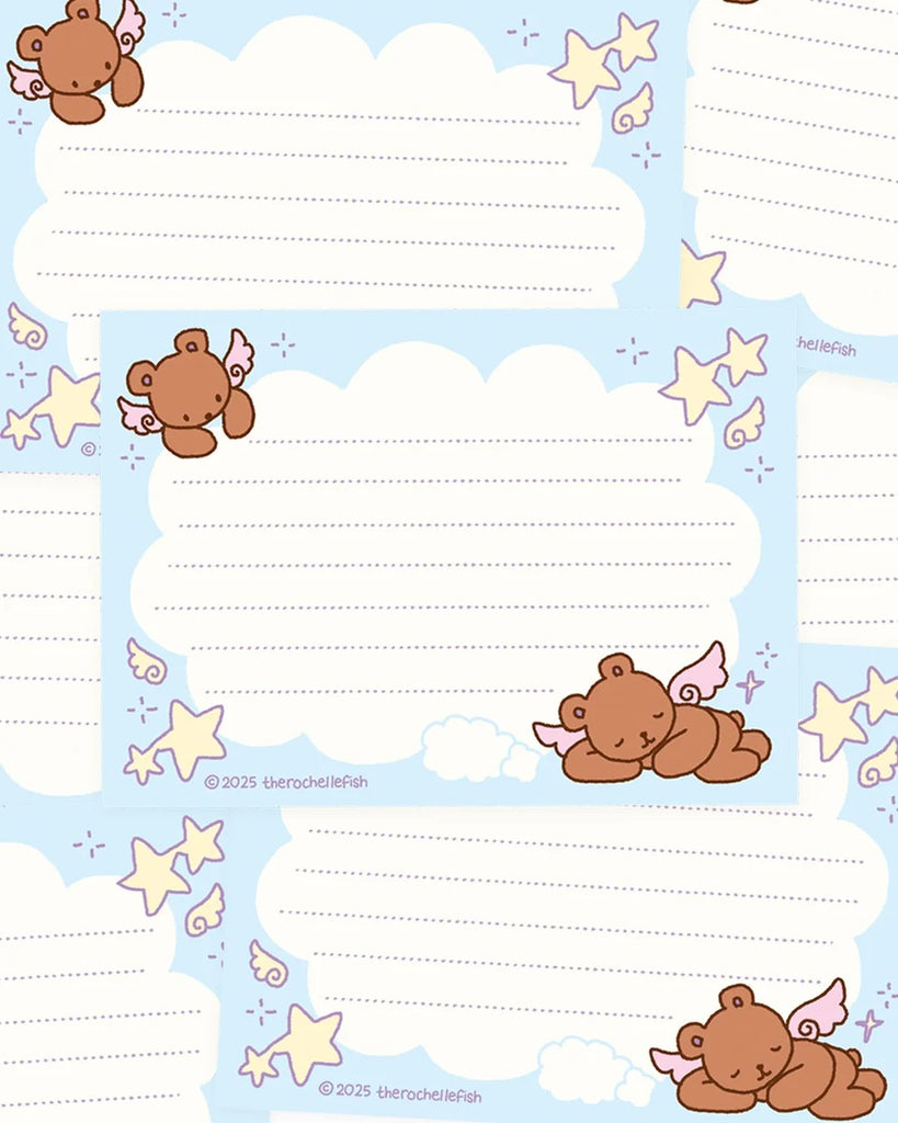 Blue and white message cards featuring cartoon teddy bears, stars, stars, and wings. 