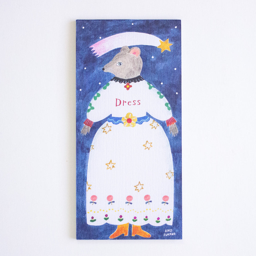 A vertical hand-painted notepad featuring a whimsical illustration of a mouse dressed in a white gown with stars and dots, set against a dark blue starry night sky. The notepad is laid on a clean white background