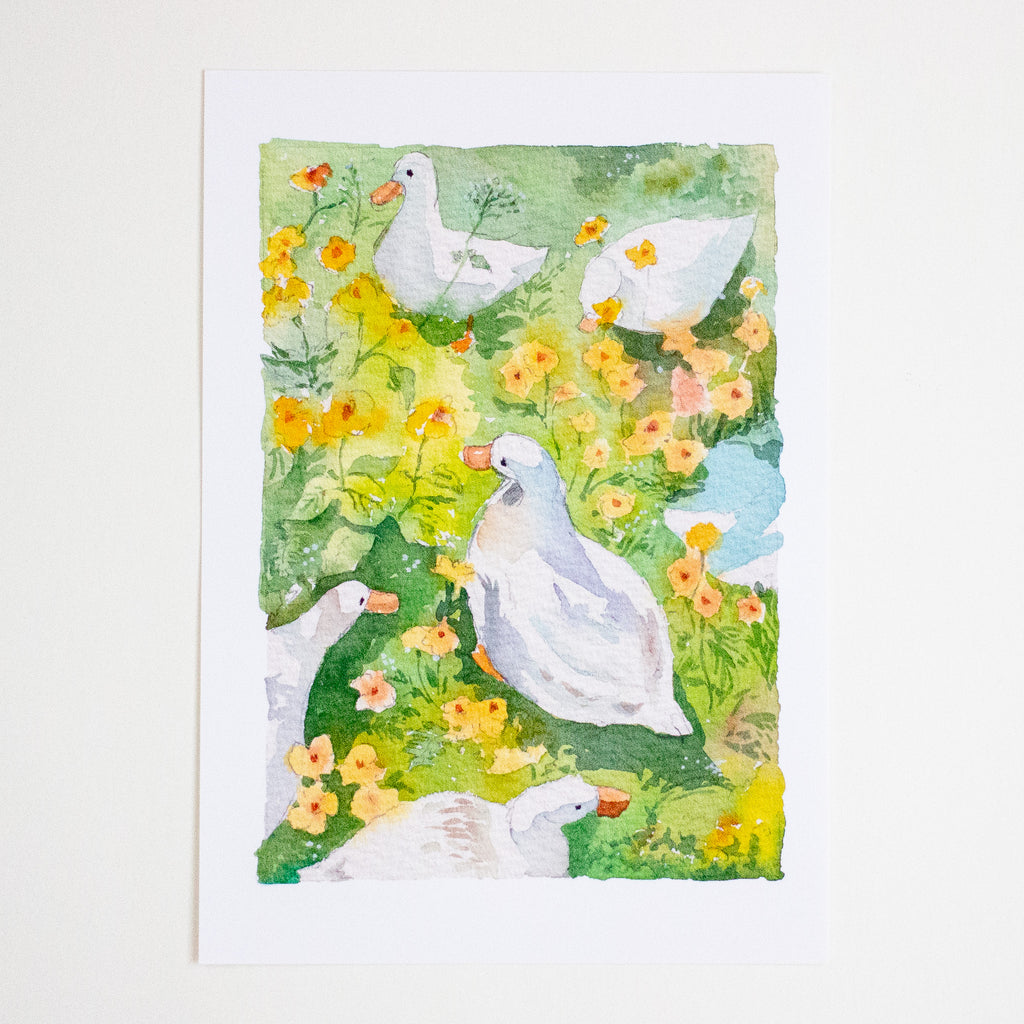 A vertical art print featuring a watercolour illustration of several white ducks foraging among green grass and yellow-orange flowers, displayed against a clean white background.