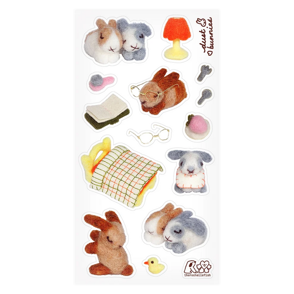 A sticker sheet featuring a collection of small plush toys on a white background