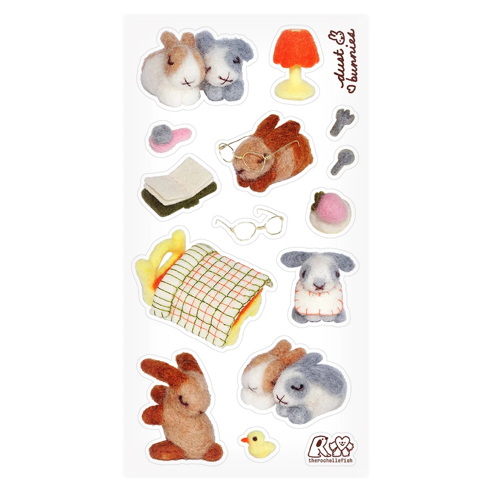 A sticker sheet featuring a collection of small plush toys on a white background