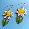 Flower-shaped earrings with smiling faces on a blue background
