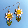 Flower-shaped earrings with smiling faces on a blue background