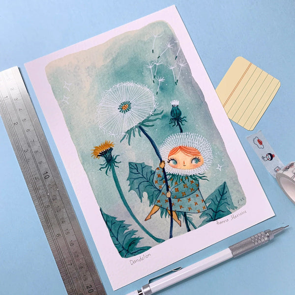 Illustration of a girl with dandelions on a blue background with stationery items.
