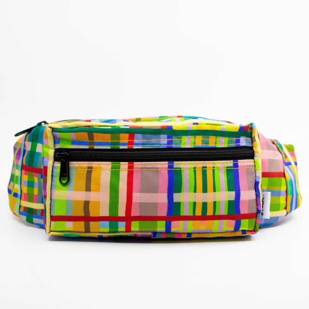 Front view of the Farm bumbag. Print is multicoloured lines in a grid pattern. 