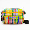Colorful plaid patterned bag with black straps on a white background