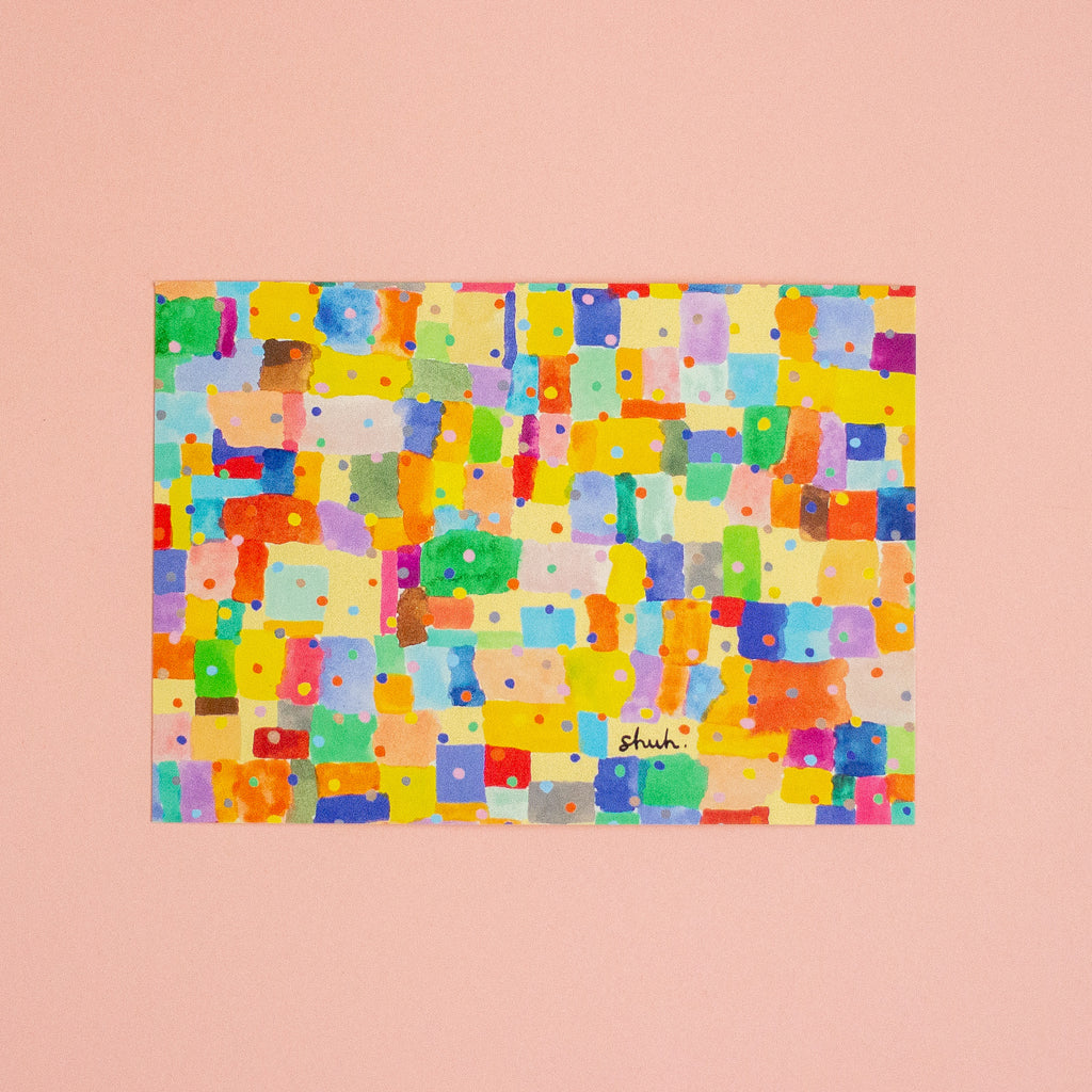 Colourful abstract patterned postcard with 'shuh' branding on a peachbackground
