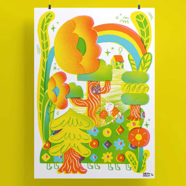 Riso print with illustrations colourful cartoon on a white background