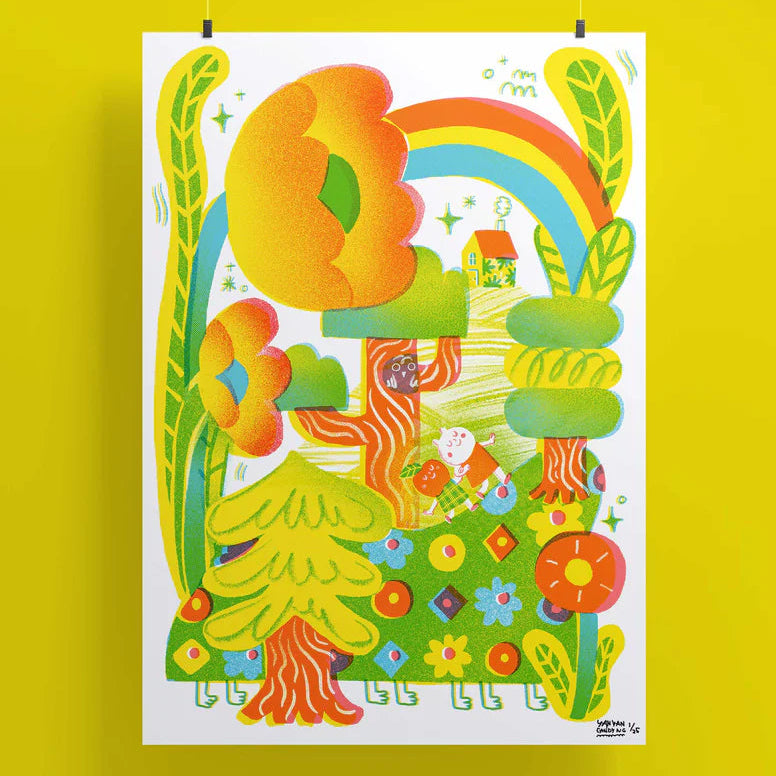 Riso print with illustrations colourful cartoon on a white background