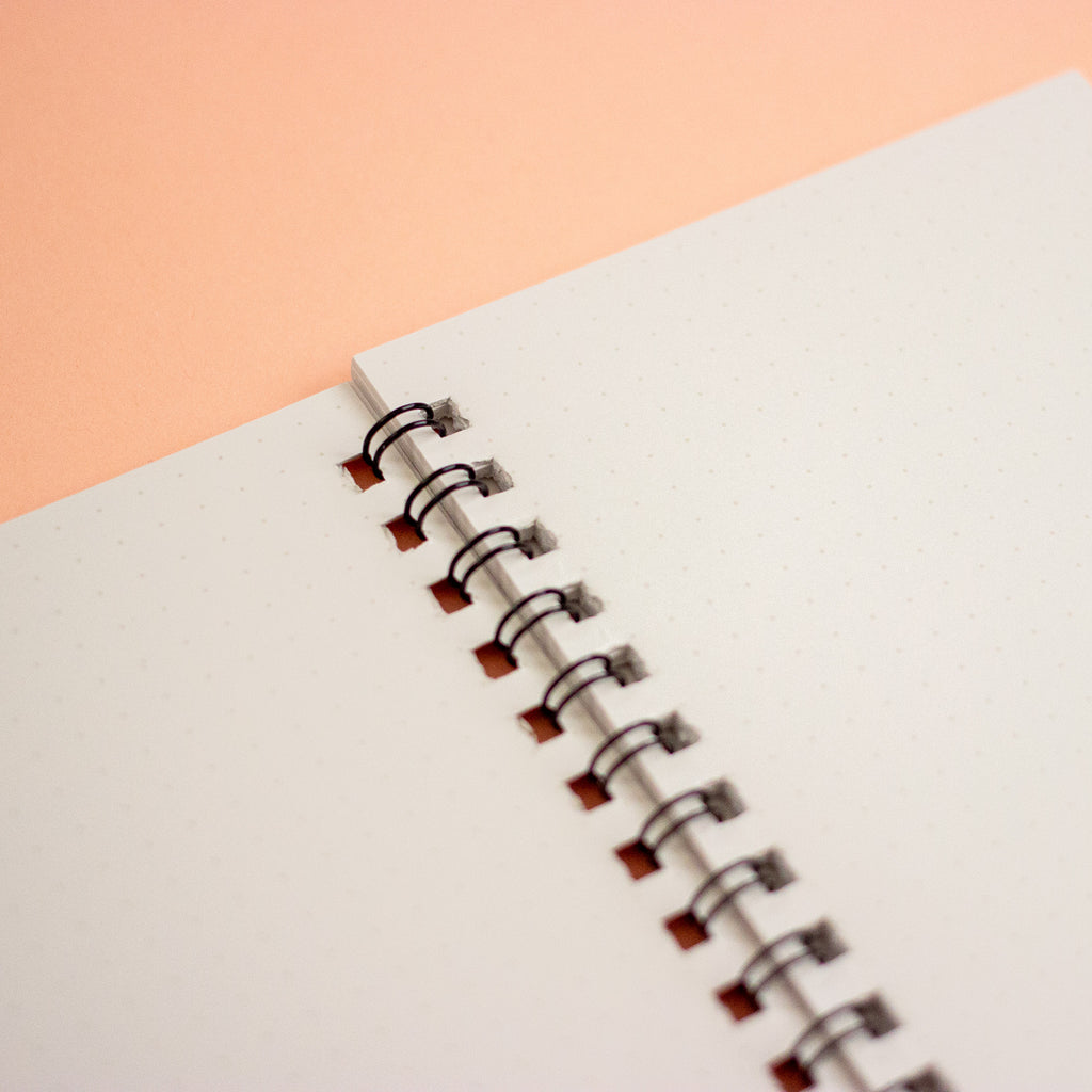 A close-up of an open spiral notebook with white dotted pages and a black wire binding, set against a peach-coloured background.