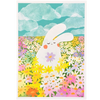 An art print featuring a cute white bunny standing in a colourful field of flowers under a teal sky with clouds. The print has a white border and is shown against a white background.