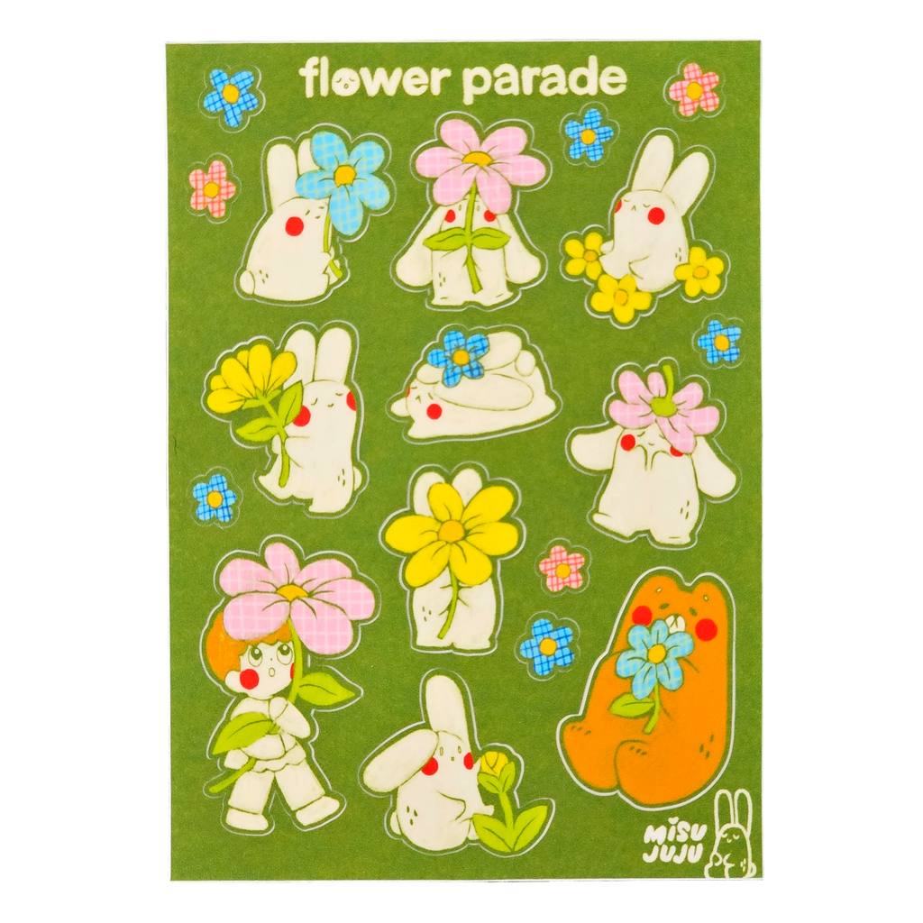 A green sticker sheet featuring Misu Juju character designs, including rabbits, a cat, and a girl holding flowers, with the text 'flower parade' at the top.